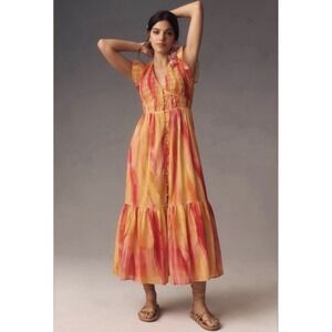 Anthropologie The Peregrine Midi Dress Pink Orange Smocked Small